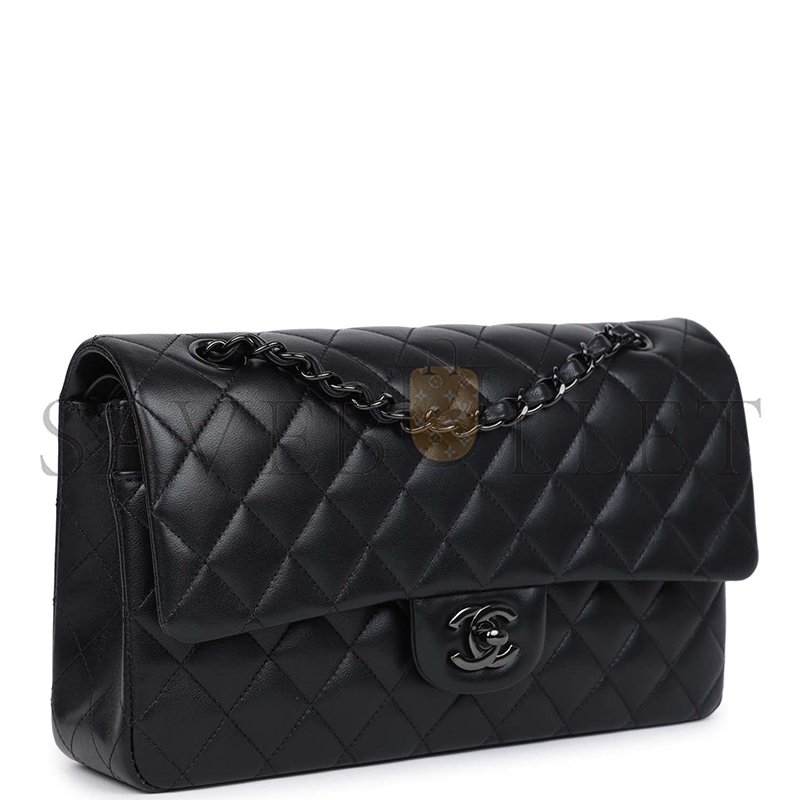 Ch*el master medium classic double flap bag so black lambskin black hardware 1109944 (25*15*7cm)